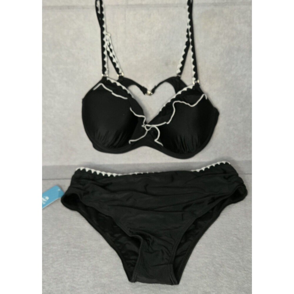 CUPSHE Black/White Ruffle Sz L Bikini  2 Pc Set Womens Underwire Swimwear NWT